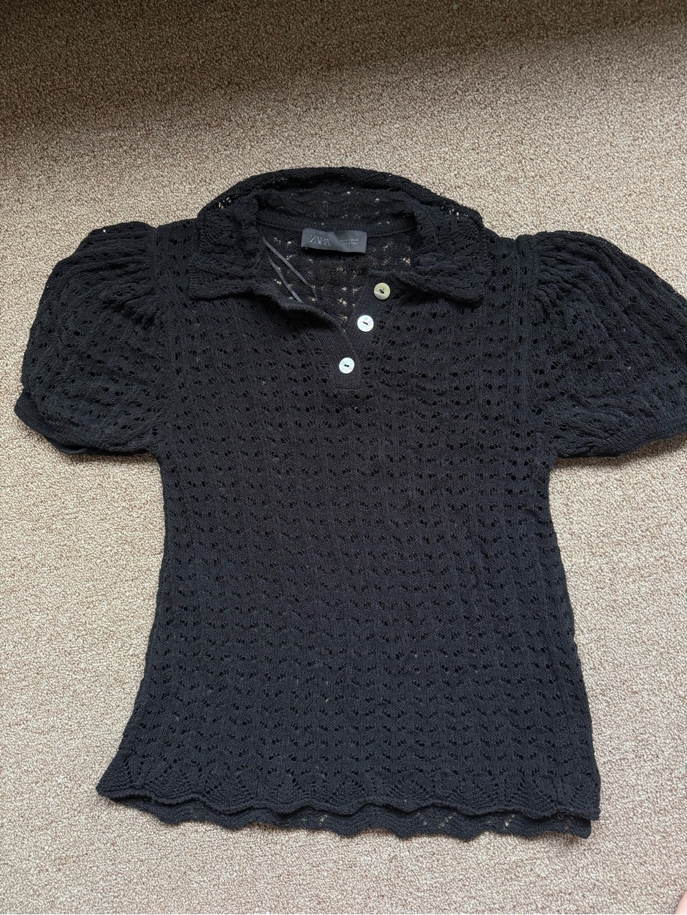 Zara Black Openwork Knit Polo with Puff Sleeves